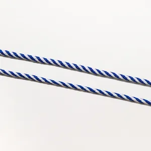 Gros plan d'une corde en coton tressée torsadée bleue et blanche montrant la texture du cordon