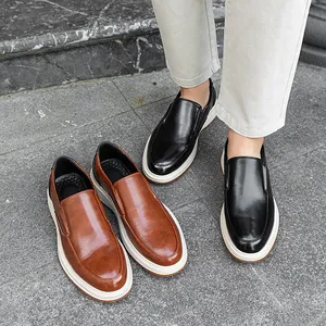 Classic men's leather loafers in black and brown with stylish thick white rubber soles