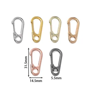 Dimensioni dettagliate dei mini moschettoni metallici in vari colori di placcatura.