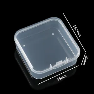 Vue détaillée des dimensions d'une boîte de rangement carrée en plastique PP transparente.