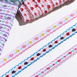 Detaillierte Nahaufnahme von floral bestickten Spitzenbändern mit dekorativen Wellenrändern