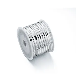 Close-up of shiny silver PET metallic twist ties on a white plastic spool for sealing