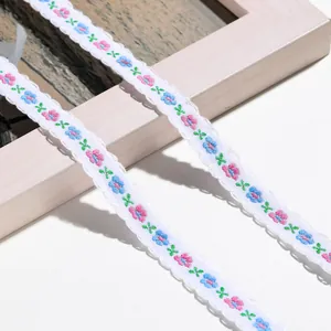 Detaillierte Nahaufnahme von weißem Spitzenband mit blauen und rosa bestickten Blumen