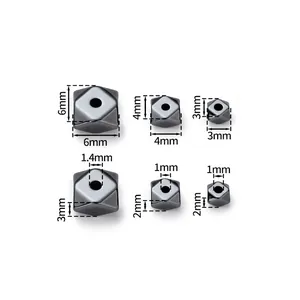 Detaillierte Maßtabelle für facettierte Hämatit Rautenperlen in 3mm 4mm 6mm Größen.