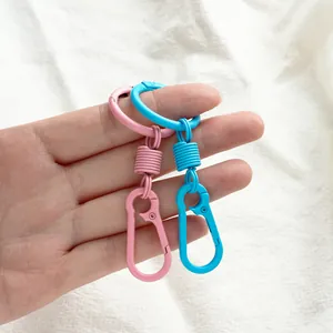 Primo piano di moschettoni a molla in lega di zinco verniciati rosa e blu macaron