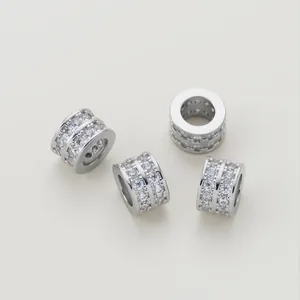 Close-up detail of silver plated double-row cubic zirconia barrel beads for bracelets
