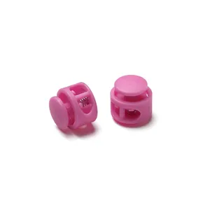 Pink double-hole plastic cord lock toggle stopper with metal spring for elastic cords