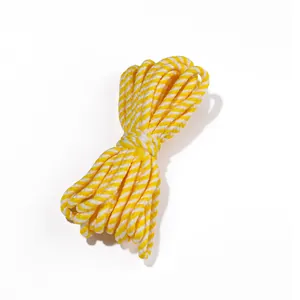 Gros plan d'une corde en coton torsadé jaune et blanc pour le bricolage et les cadeaux.