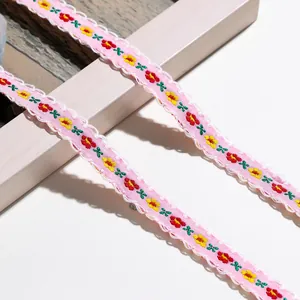 Detailansicht der rosa geblümten Stickspitze mit zarten Wellenkanten und Blumen