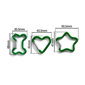 Mousquetons verts en aluminium en forme d'os, de cœur et d'étoile avec dimensions