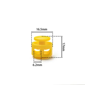 Yellow plastic spring cord lock showing 17mm height and 16.5mm width dimensions