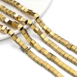 2mm gold vacuum plated cube hematite beads for DIY jewelry making and craft projects