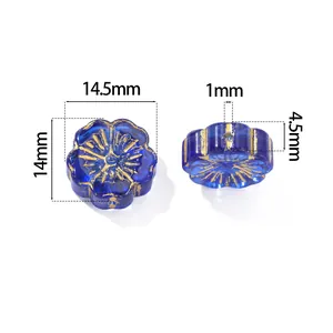 Detailed measurement view of vintage blue glass flower beads with gold paint accents