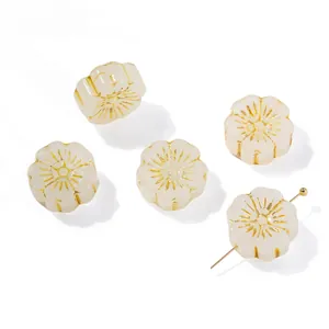 Vintage gold-traced flower glass beads for DIY jewelry making cream white floral charms
