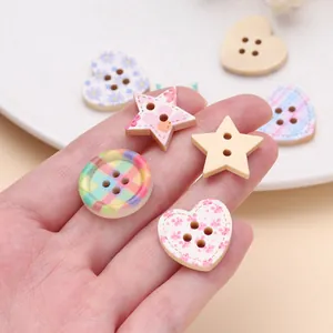 Assorted printed wooden buttons in heart, star, and round shapes for DIY sewing crafts