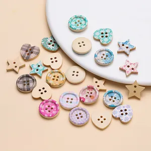 Colorful floral printed wooden buttons in heart star round shapes for DIY crafts