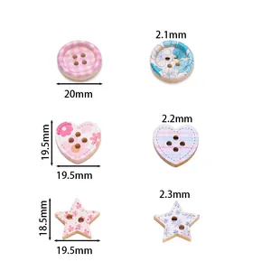 Assorted printed wooden buttons in round heart and star shapes with precise dimensions