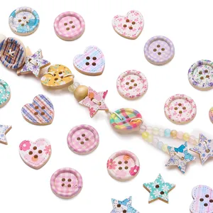 Colorful decorative wooden printed buttons in heart and star shapes for DIY craft projects