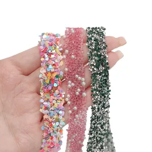 Set aus drei bunten Strass- und Perlen-Klebebändern für DIY-Kleidung und Taschen