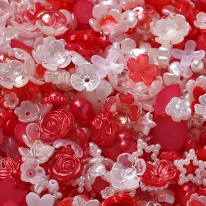 Mixed red and white acrylic flower and pearl beads for DIY jewelry and nail art