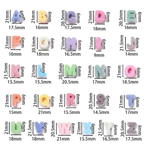 Product dimensions and measurement details for colorful flocked acrylic alphabet beads A-Z