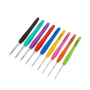 9pcs colorful aluminum crochet hook set with ergonomic TPR soft handles for DIY knitting