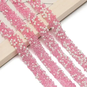 Pink resin rhinestone and pearl self-adhesive trim strips for DIY fashion accessory