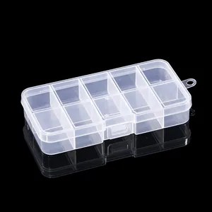 Detailed view of the 10-compartment clear plastic storage box for DIY jewelry parts