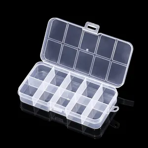 Detailed macro view of 10-grid fixed transparent plastic storage box for DIY jewelry