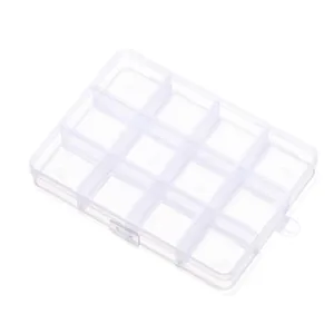 Detailed view of 12-compartment transparent plastic storage box for DIY jewelry organization