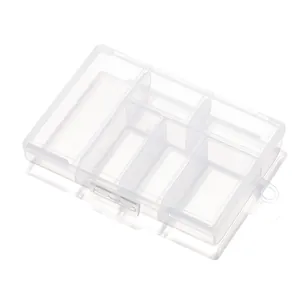 Close-up detail of 6-compartment transparent plastic storage box for jewelry DIY