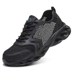 Breathable black safety shoes with steel toe for anti-smash and puncture protection