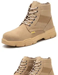 Detalle de botas de seguridad altas con forro de piel cálida y parte superior de gamuza.