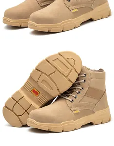 Vista detallada de botas de seguridad beige con suela resistente al aceite y forro