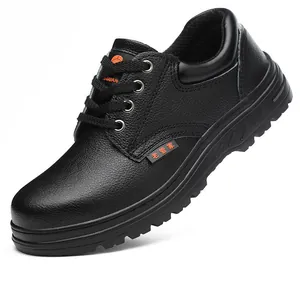 Black leather safety work shoe with breathable lining and anti-smash steel toe