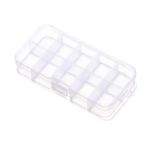 Detailed view of clear 10-grid plastic storage box for jewelry and beads organization