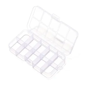 Detailed view of the open 10-compartment clear plastic jewelry organizer storage box