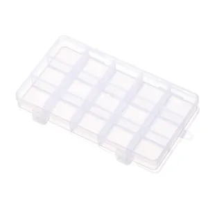 Detail view of 15-grid clear plastic storage box for DIY jewelry and crafts organization