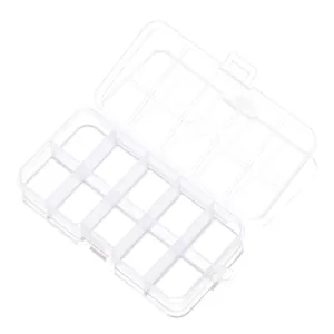 High angle open view of a clear plastic storage box with 10 fixed jewelry grids