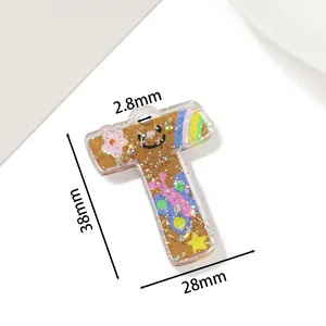 Bunter Acryl-Anhänger Buchstabe T mit Glitzer und Mustern, Maße 38x28mm für DIY-Schmuck
