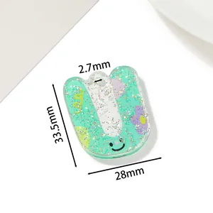 U-förmiger Acryl-Alphabet-Anhänger mit grünem Glitzer und süßem Blumen-Lächeln-Druck