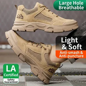 Khaki cowhide safety work shoes for men with breathable mesh and anti-puncture sole.