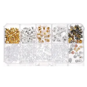 10-grid set featuring a variety of metal and silicone earring backs for jewelry making.