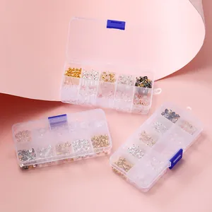 Detailed view of mixed earring back set in 10-compartment transparent storage cases