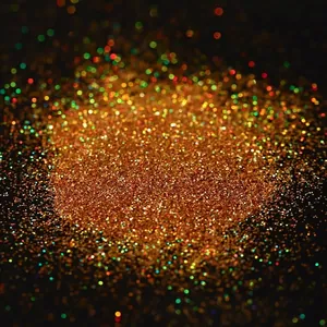 Macro view of golden holographic laser glitter powder for DIY resin crafts filling