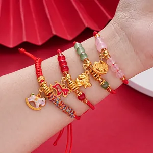 New Chinese Style Vintage Red Rope Bracelet For Women Luck Golden Horse Charm Bracelet Woven Zodiac Beaded Jewelry