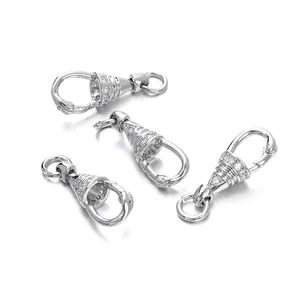 Macro detail of silver jewelry clasps with sparkling cubic zirconia inlay for DIY necklaces