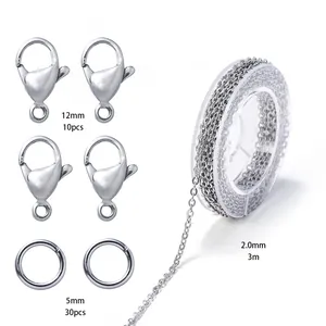 Detailed view of stainless steel jewelry kit including chain, lobster clasps, and rings.