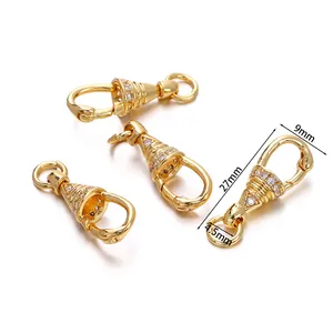 Detailed view of gold-plated cz-encrusted jewelry clasps with dimension markings.