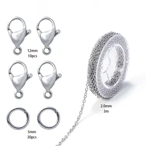 Stainless steel jewelry making set with lobster clasps, jump rings, and link chain.